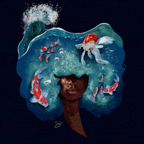 Digital painting of a woman with an afro. The afro is made of water and goldfish.
